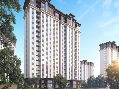 High Rise Modern Residential Building Surrounded by Greenery Trees Under Blue Sky Sunlight 3d model