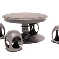 Round Concrete Outdoor Table With Three Stools Having Hollow Circular Cutouts 3d model