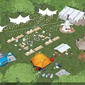 Scenic Camping Site With Various Tents String Lights Camping Car And Tree House