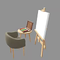 Creative Art Supplies Arrangement With Easel Open Paint Box Wooden Stool And Gray Chair