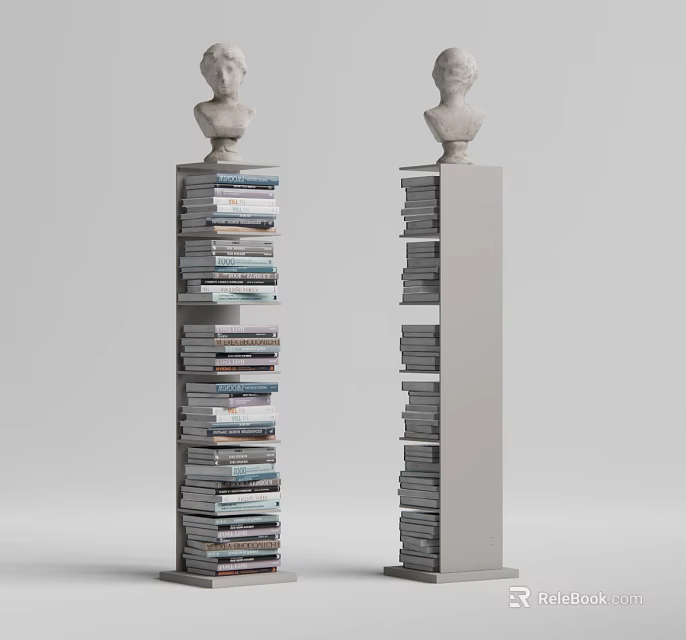 Two Column Style Bookcase With Stacked Books And Bust Statues On Top 3d model 