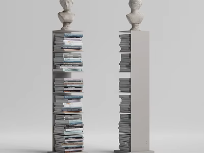 Two Column Style Bookcase With Stacked Books And Bust Statues On Top 3d model