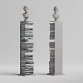 Two Column Style Bookcase With Stacked Books And Bust Statues On Top 3d model