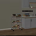 Practical White Rolling Kitchen Cart with Storage Baskets Holding Fresh Fruits Vegetables and Kitchen Supplies