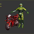 Red Black and White Sport Motorcycle With Rider in Yellow Racing Suit and Helmet