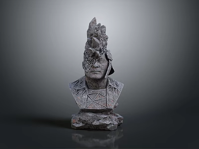 Stone Bust Sculpture With Intricate Headpiece And Textured Base Design 3d model