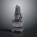 Stone Bust Sculpture With Intricate Headpiece And Textured Base Design