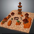 Miniature Sand Table Scene Featuring Red Roof Buildings Tall Tower Palm Trees And Small Figures