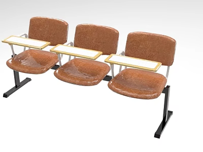 Three Row Brown Classroom Seats With White Writing Desks And Metal Frames 3d model
