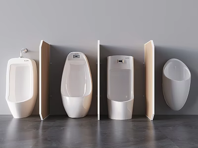 Modern Urinals With Various Designs Installed On Gray Wall And Dark Floor With Wooden Partitions 3d model