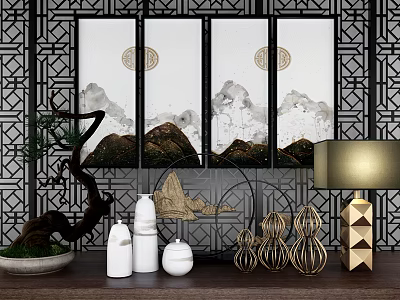 Traditional Chinese Ceramic Ware Display On Wooden Table With Screen Landscape Paintings And Metal Gourds 3d model