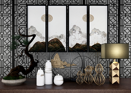 New Chinese-style Ceramic Utensils End View Ornaments Hanging Painting Partition Combination 3d model