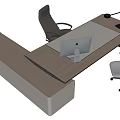 Modern Office Desk with Wooden Surface Gray Panel Computer Monitor Desk Lamp and Ergonomic Chairs