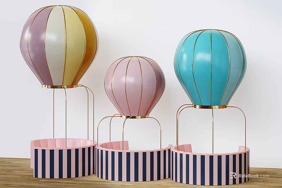 Colorful Hot Air Balloon Shaped Public Chair With Striped Base And Metal Stand 3d model 