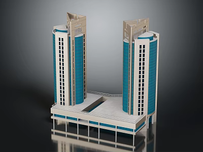 Modern Twin Tower Building With Blue Glass Curtain Walls Connected Base And Decorative Tops 3d model