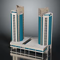 Modern Twin Tower Building With Blue Glass Curtain Walls Connected Base And Decorative Tops