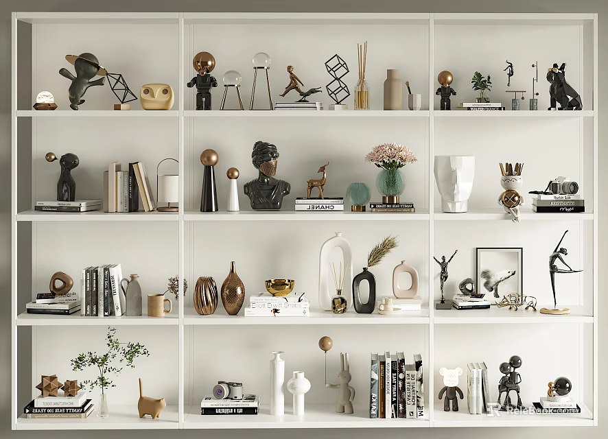 Elegant Decorative Ornament Arrangement On White Shelves With Sculptures Vases Books And Metal Accents 3d model 