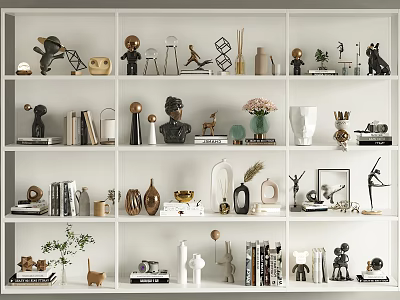 Elegant Decorative Ornament Arrangement On White Shelves With Sculptures Vases Books And Metal Accents 3d model