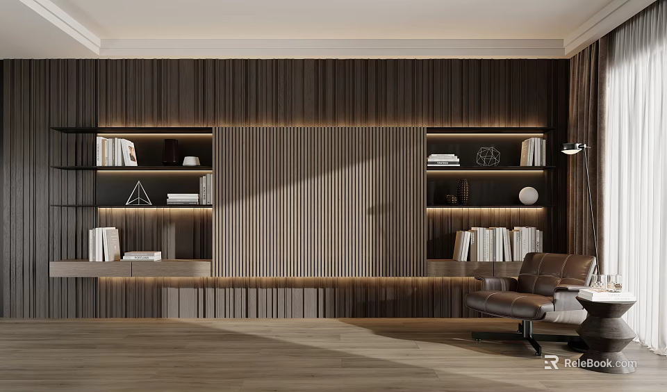 Modern Wooden Bookshelf With Shelves Books Decorative Items And LED Lighting In Living Room Interior 3d model 