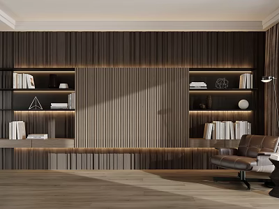 Modern Wooden Bookshelf With Shelves Books Decorative Items And LED Lighting In Living Room Interior 3d model