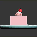 Pink Cake Slice With Fresh Strawberries Cream And Green Leaves On Blue Plate