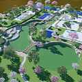 Tranquil Park Landscape With Cherry Blossom Trees Lush Green Lawns And Wooden Bridges