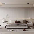Modern Minimalist Bedroom Interior With Platform Bed Accent Chair Pendant Light And Area Rug