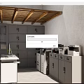 Modern Office Space with Wooden Ceiling Lockers Desk Printers and File Cabinets