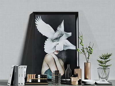 Decorative Ornament Collection Featuring Dove Artwork Green Plants Vase And Books 3d model
