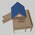Wooden Cabin with Blue Roof Staircase Platform Railing Windows in Green Grass and Trees
