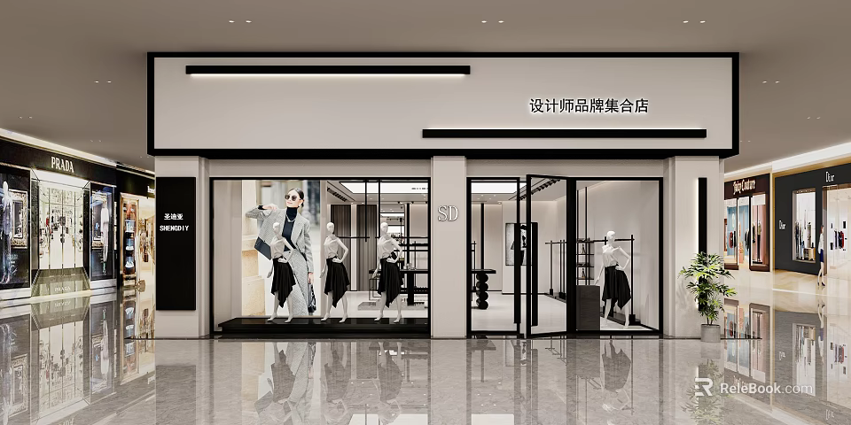Modern Designer Brand Collection Boutique With Stylish Window Displays And Mannequins 3d model 