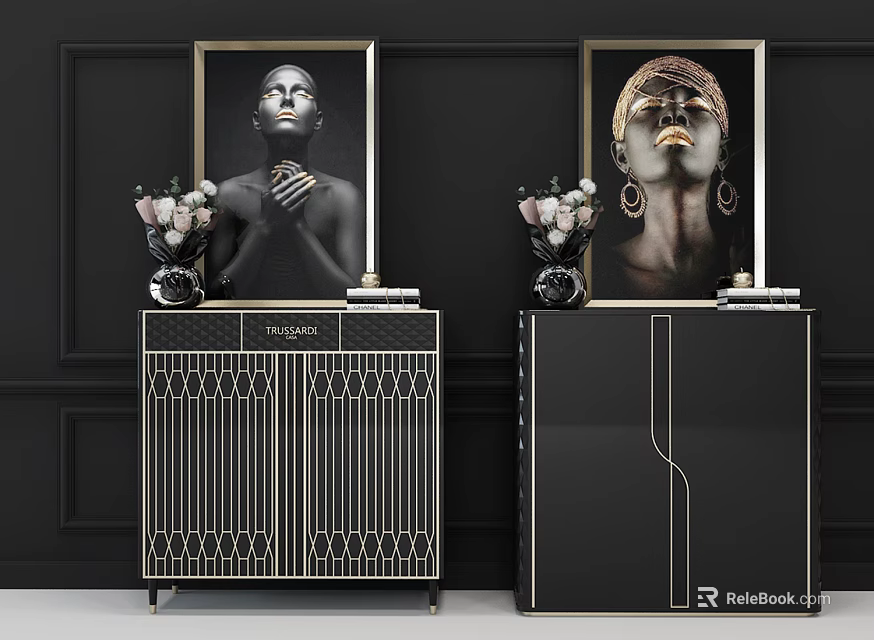 Stylish Entryway Cabinet and Side Cabinet with Black Gold Design Decorative Paintings Flower Vases 3d model 