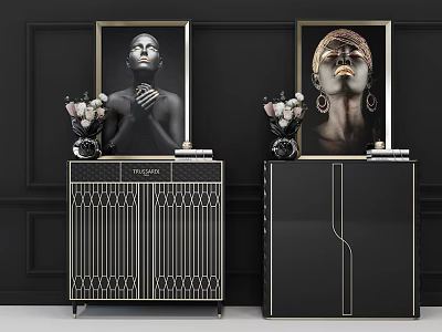 Stylish Entryway Cabinet and Side Cabinet with Black Gold Design Decorative Paintings Flower Vases 3d model