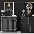 Stylish Entryway Cabinet and Side Cabinet with Black Gold Design Decorative Paintings Flower Vases