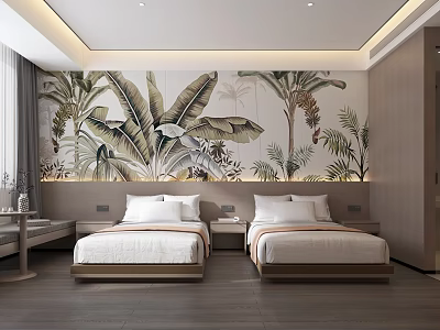 Modern Hotel Guest Room With Twin Beds And Tropical Plant Mural Accent Wall 3d model