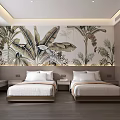 Modern Hotel Guest Room With Twin Beds And Tropical Plant Mural Accent Wall