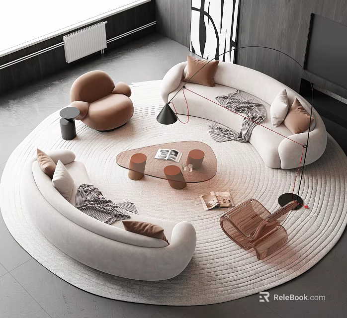 Modern Curved Light Sofa Coffee Table Set With Decorative Pillows Round Rug And Accent Armchair 3d model 