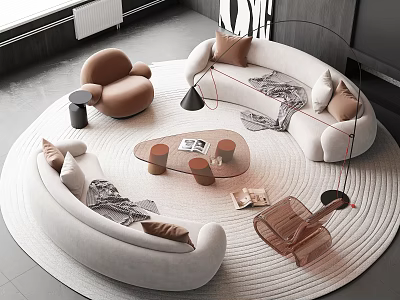 Modern Curved Light Sofa Coffee Table Set With Decorative Pillows Round Rug And Accent Armchair 3d model