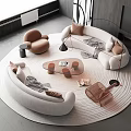Modern Curved Light Sofa Coffee Table Set With Decorative Pillows Round Rug And Accent Armchair