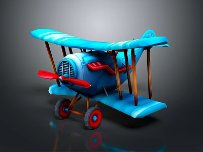 Electric Toy Blue Biplane With Red Propeller And Wheels For Kids Playtime 3d model