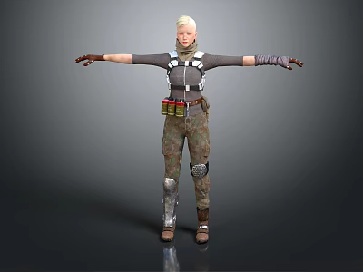 Game Movie Character With Blonde Hair Gray Top Harness Camouflage Pants And Knee Pads 3d model