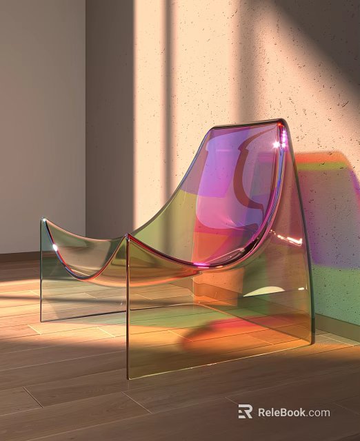 Modern Transparent Chair With Rainbow Iridescent Finish And Light Reflections On Wooden Floor 3d model 