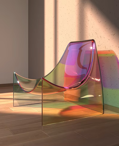 Modern Transparent Chair With Rainbow Iridescent Finish And Light Reflections On Wooden Floor 3d model