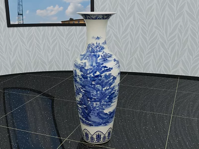 Blue And White Decorative Vase With Landscape Floral Patterns On Dark Tiled Floor 3d model