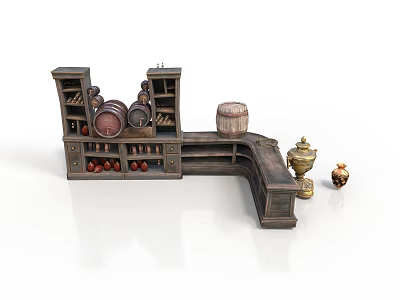 Vintage Wooden Wine Cabinet With Shelves Wine Bottles And Decorative Barrels 3d model