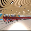 Modern Conference Room Interior With Blue Seats Wooden Slatted Ceiling Large Screen And Lighting