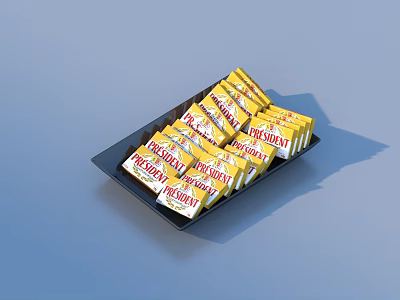 Many Delicious Yellow Wrapped Brownies Neatly Placed in Black Tray 3d model