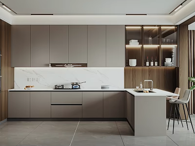 Modern Kitchen Interior With Gray Cabinets Marble Countertop Island And Appliances 3d model