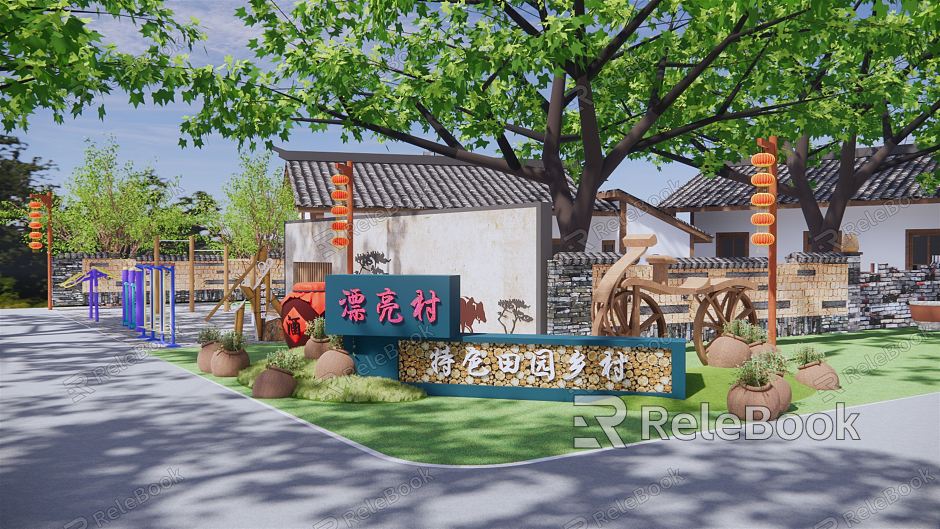 New Chinese Style Entrance Village Community Activity Square Village Entrance View Wall Image Gate Fitness Sports Center Culture Construction Wall Courtyard Landscape model