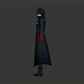 Man In Dark Long Coat With Red Gloves And Black Hair Standing Pose